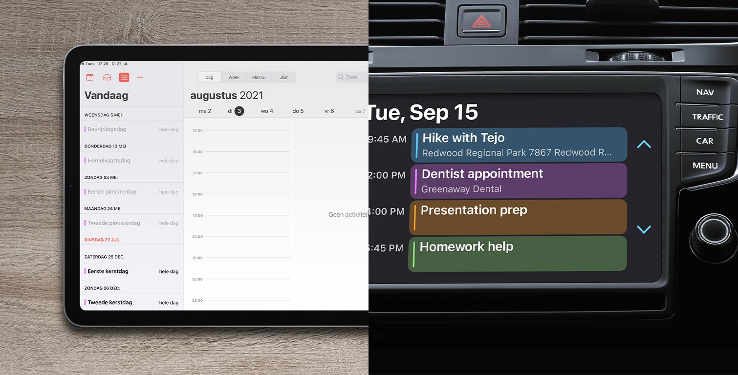 Apple Carplay and iPad both showing the Calendar app.